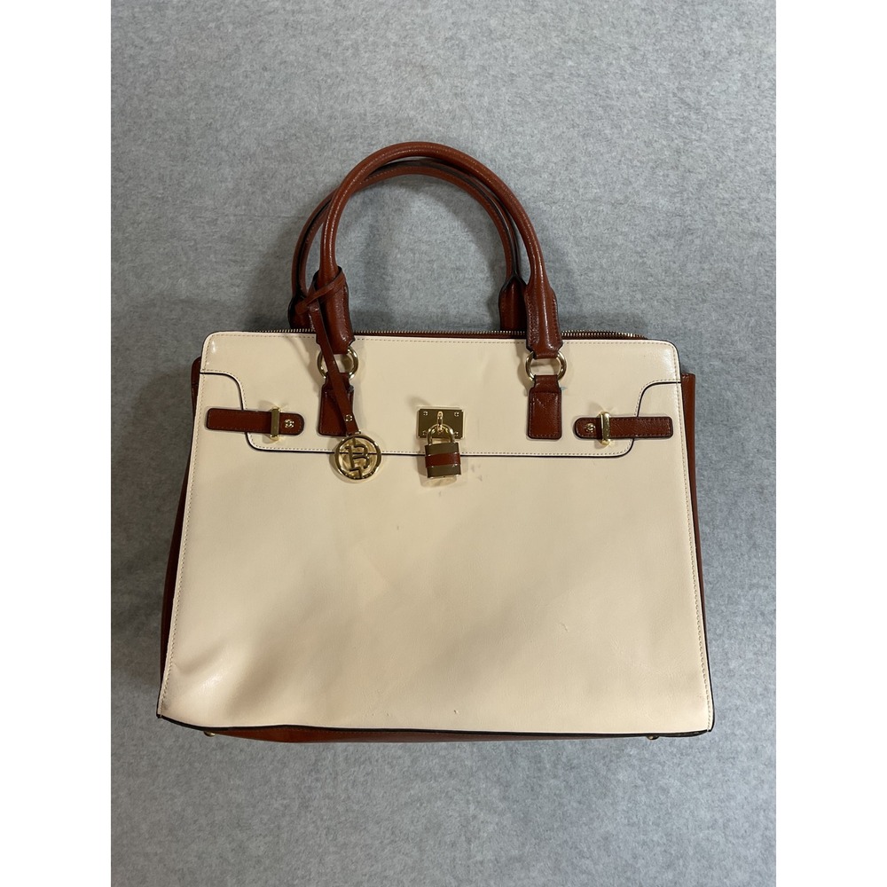 Bostanten White Brown Leather Briefcase Tote Laptop Zip Top Bag